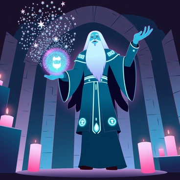 A wise wizard with a long, flowing silver beard and intricate robes adorned with glowing symbols. He stands in a dark chamber filled with ancient stone walls and flickering candles. In his outstretched hand, he casts a spell that releases vibrant, colorful sparks swirling around him. The air is filled with luminous particles that illuminate the chamber, highlighting various magical artifacts scattered throughout the space.