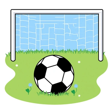 A black and white soccer ball resting on a vibrant green patch of grass. The ball is slightly deflated, showing its characteristic hexagonal pattern. In the background, a white goalpost stands tall, with a net that is slightly swaying in the gentle breeze. The grass around the ball is lush, with a few wildflowers peeking through. The sky is bright blue, creating a cheerful atmosphere.