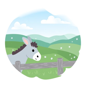 A curious donkey is peering over a wooden fence, its ears perked up in interest. The donkey has a light gray coat with a darker patch along its back. The fence is weathered, made of rustic wooden planks, and it stands on a grassy area. In the background, rolling green hills extend into the distance, covered with lush grass and dotted with wildflowers. A few fluffy clouds drift across a clear blue sky, completing the serene landscape.
