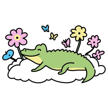 A crocodile is lying on a bed of soft, fluffy clouds. The crocodile has a content expression on its face, with its eyes closed and a slight smile. Surrounding the crocodile are vibrant, oversized flowers in shades of pink, blue, and yellow, each with intricate petal patterns. Playful butterflies with colorful wings flutter around, adding to the animated atmosphere. In the background, there are puffy rainbow-colored trees with swirling trunks, creating a sense of enchantment. The overall scene radiates a lively and imaginative ambiance.