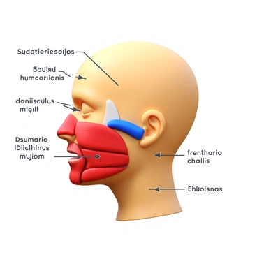 A detailed illustration displaying the muscles responsible for facial expressions. The image features a human head from the side view. Different facial muscles are clearly labeled, showcasing their locations and connections. The major muscles, such as the zygomaticus major, orbicularis oculi, and frontalis, are highlighted in distinct colors for clarity. Additionally, arrows depict the direction of movement for each muscle, emphasizing their roles in various facial expressions. The background is minimal, ensuring focus on the anatomical details of the facial muscles.