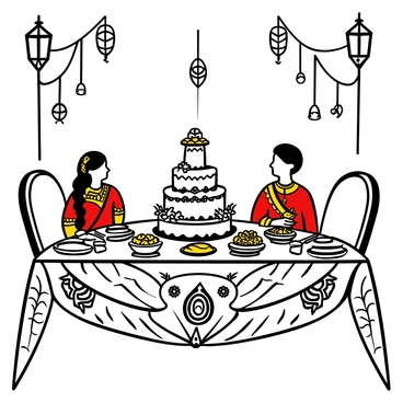 A lavish banquet table is set with an array of traditional Bengali wedding dishes, beautifully arranged on elegant plates. The table is adorned with intricate patterns and decorations, showcasing gold and silver cutlery. In the center, a stunning three-tiered wedding cake is displayed, surrounded by fresh flowers. A Bengali bride is seated gracefully at the table, dressed in a richly embroidered red and gold saree with elaborate jewelry. The atmosphere is filled with decorative lanterns and traditional motifs, enhancing the festive mood of the wedding feast.