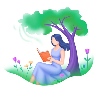 A woman sitting under a large, leafy tree in a vibrant green meadow. She is focused on reading a thick book held in her hands. The sunlight filters through the branches above, creating dappled shadows on the ground around her. Wildflowers in various colors bloom nearby, adding splashes of color to the scene. The woman is wearing a flowing dress that complements the serene environment. A gentle breeze causes her hair to flutter softly.