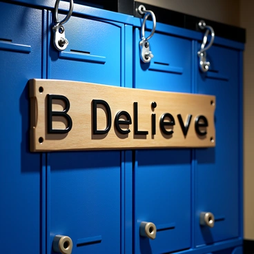 A close-up of the "Believe" sign, made of polished wood with intricate carvings, hanging on a wall inside a locker room. The sign is surrounded by lockers painted in a deep team color, creating a strong contrast. There are metal hooks visible on the wall, holding various sports gear. Soft light illuminates the sign, casting a gentle shadow to emphasize its message.