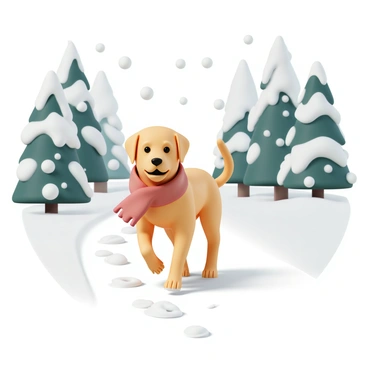 A Labrador dog with a shiny yellow coat is wearing a red cozy scarf around its neck. The dog is walking along a snowy forest path, surrounded by tall evergreen trees covered in white snow. Snowflakes are gently falling from the sky, creating a soft blanket of snow on the ground. The dog's ears are perked up, and it looks content as it walks, leaving paw prints in the fresh snow. The atmosphere is tranquil, with the trees creating a natural archway above the path.