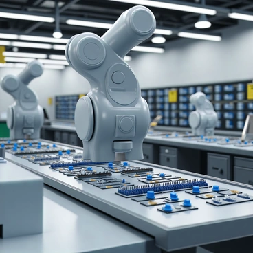 A robotic arm with a sleek metallic surface and precision grips is positioned above a production line. It is actively assembling small electronic parts, such as circuit boards and microchips, with careful movements. The production line features multiple workstations, each equipped with various components waiting to be assembled. Bright overhead lights illuminate the factory floor, highlighting the clean, organized layout of modern machinery and tools. The background includes shelves filled with neatly arranged electronic components, reinforcing the industrial setting.