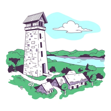 A tall, sturdy watchtower made of weathered stone stands prominently, overlooking a small, quaint village. The watchtower has a wooden roof with a slight overhang and narrow windows peeking out, suggesting a history of guarding the area. Below, the village features charming cottages with thatched roofs, surrounded by lush green fields and blooming flowers. In the distance, a serene river gently flows, reflecting the watchtower's silhouette. The sky above is clear with soft clouds drifting by, adding a calm atmosphere to the scene.