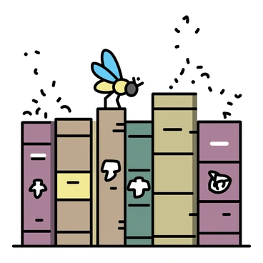 A tiny fly, with iridescent wings and a glossy body, is perched on a dusty old bookshelf. The bookshelf is filled with vintage books, their spines worn and faded in various shades of brown, green, and burgundy. Dust particles are visible in the air, adding to the aged atmosphere of the scene. The top of the bookshelf shows signs of neglect, with cobwebs delicately hanging between the books. Each book has intricate details, such as embossed titles and graphics, reflecting their historical significance.