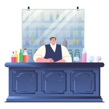 A ghostly bartender with translucent skin and a faint glow is standing behind an ornate, vintage bar. The bartender is wearing a classic black vest and a white shirt with rolled-up sleeves. The bar is made of dark wood with intricate carvings and is lined with various bottles filled with colorful liquids. Multiple empty glasses are positioned on the bar, reflecting the dim ambient light. Behind the bartender, there is a large mirror that reflects the empty interior of the bar, showcasing vintage stools and shelves filled with dusty bottles. The atmosphere is quiet and evokes a sense of nostalgia.