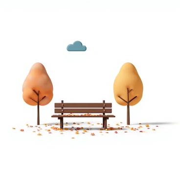 A wooden park bench positioned in an open area surrounded by trees in their autumn foliage. The bench is partially covered with a mix of orange, yellow, and brown fallen leaves. The ground around the bench is also blanketed with leaves, creating a colorful carpet. The sky above is clear blue, adding brightness to the scene, while the trees on either side display vibrant autumn colors. The area is serene, with no people present, emphasizing the quiet beauty of the autumn setting.
