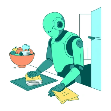 A teal humanoid robot is actively engaged in household chores within a modern kitchen. The robot has a sleek design with articulated limbs and glowing blue eyes. It holds a yellow dishcloth in its right hand and is wiping down a white countertop. A small stack of dirty dishes is neatly arranged beside it. In the background, there is a white refrigerator and an orange fruit bowl filled with assorted fruits. The robot appears focused and efficient in its task, showcasing the advanced PMAT technology integrated into its design.
