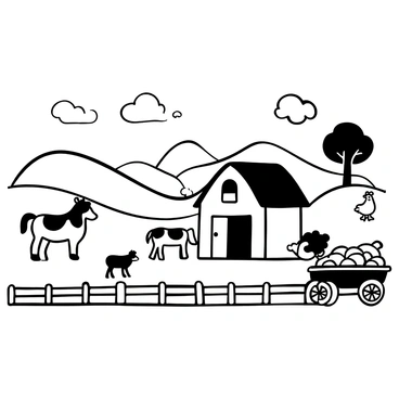 A whimsical farm landscape featuring rolling hills under a cloudy sky. There is a large barn with a prominent door, surrounded by a variety of animals including a cow, a sheep, and a horse grazing nearby. Several chickens are scattered across the ground, pecking at the dirt. A wooden fence runs along the foreground, and a cart filled with hay is parked beside the barn. In the background, a tree offers shade to the scene.