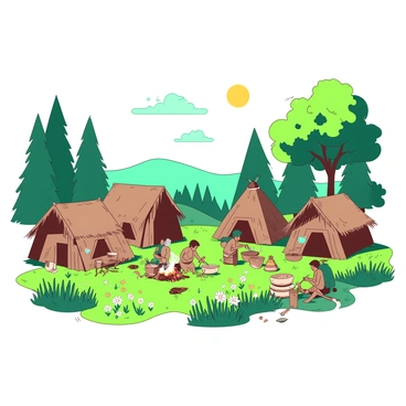 A vibrant duotone illustration features a tribal village set on a sunny meadow. The village consists of several huts made of natural materials, with colorful patterns adorning the walls. Lush green grass covers the ground, dotted with wildflowers of various colors. In the background, towering trees provide shade and a sense of enclosure. Villagers are seen engaging in daily activities, such as cooking over an open fire and weaving baskets. Above, a bright sun shines down, casting soft shadows and adding warmth to the scene.