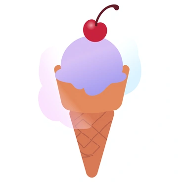 A "delicious scoop of plum ice cream" is perfectly nestled in a textured "waffle cone." The ice cream has a rich, deep purple hue, glistening under soft light. Atop the scoop sits a bright red "cherry," adding a striking contrast. The background features a gentle gradient of pastel colors, enhancing the visual appeal of the dessert.