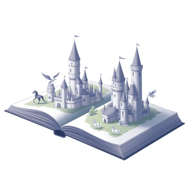 An open storybook lies flat on a surface. The pages are filled with intricate illustrations depicting tall, fantastical castles with soaring towers and elaborate turrets. Surrounding the castles are various mythical creatures such as dragons, unicorns, and fairies, each portrayed in dynamic poses. The creatures are playfully interacting with the environment, some flying above the castles, while others wander among lush greenery. The overall composition creates a sense of wonder and adventure, inviting the viewer into a magical world.