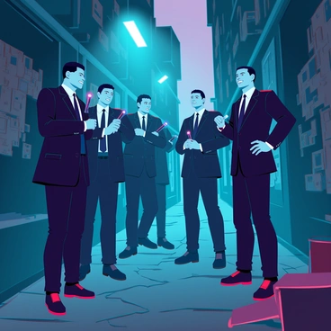 A gritty urban crime scene in a dimly lit alleyway, with scattered debris and graffiti-covered walls creating a tense atmosphere. Several police officers, wearing dark uniforms and equipped with flashlights, are examining evidence on the ground. In the background, a group of mafia members, dressed in sharply tailored suits, are watching the investigation closely, displaying expressions of smug confidence. A faint mist hangs in the air, illuminated by the flickering streetlights, adding to the suspense of the moment.