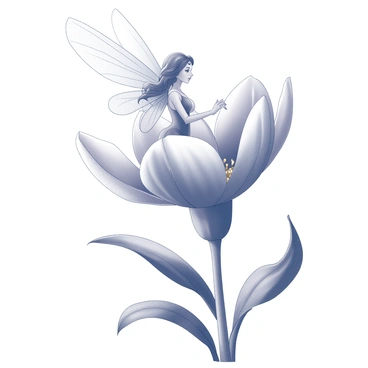 A fairy with delicate wings emerging from the petals of a large blooming flower. The fairy has intricate features, with flowing hair and a graceful pose as she rises. The flower is vibrant and detailed, showcasing its multiple layers and rich textures. Surrounding the flower, several green leaves add depth, creating a natural habitat. The scene conveys the essence of springtime with the flower in full bloom and the fairy poised gracefully above it.
