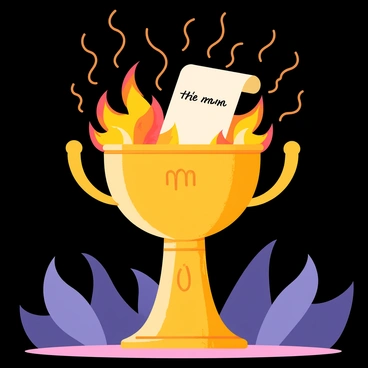 A large, ornate Goblet of Fire with intricate designs is positioned at the center of the scene. Flames erupt from the Goblet, casting a bright orange glow around it. In mid-air, a scroll with a name written on it is being expelled from the flames, its edges glowing with heat. The background features dark shadows, emphasizing the intensity of the moment. Wisps of smoke curl upward from the flames, creating a sense of movement and drama. "The chosen one's name" is clearly visible on the scroll, highlighted by the fiery light.