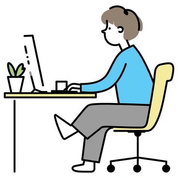 An office worker is sitting on a beige office chair next to a wooden desk. They have short brown hair and are wearing a light blue shirt and gray pants. One leg is extended straight in front, with the foot flexed, while the other foot remains flat on the ground. The office space includes a computer monitor, a notepad, and a coffee mug on the desk. A potted plant sits in the corner of the room, adding a touch of greenery to the scene.