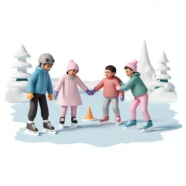 A group of four children, two boys and two girls, are learning to ice skate on a frozen lake. The first boy is wearing a blue winter jacket and black pants, with a helmet on his head. He is smiling as he wobbles on his skates. The second boy is dressed in a red sweater and gray snow pants, holding onto a small orange cone for support. The first girl is wearing a pink coat and purple gloves, laughing as she tries to skate forward. The second girl has on a green jacket and pink snow pants, with a pink beanie on her head. They are surrounded by snow-covered trees, and the surface of the ice glistens in the sunlight.