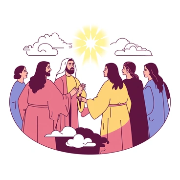 A group of saints encircling a radiant light in a peaceful celestial gathering