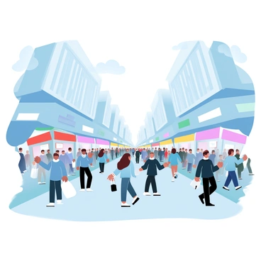 A busy city street filled with numerous people walking in various directions. The people are dressed in a range of attire, including jackets, scarves, and hats, indicative of a cool day. Skyscrapers line the street, providing a backdrop of modern architecture. Some individuals are carrying shopping bags, while others hold umbrellas. The ground is paved with concrete, and there are colorful storefronts on either side, featuring vibrant signs and displays. The atmosphere suggests a lively urban environment.