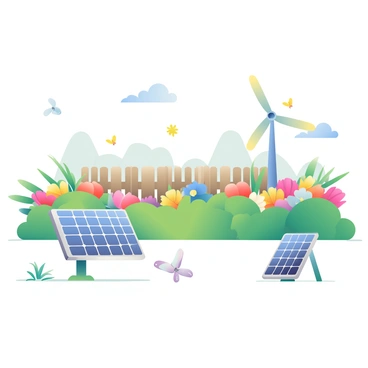 A vibrant garden filled with various colorful flowers and lush greenery stretches across the scene. In the foreground, several small devices designed to harvest energy from sunlight and wind are scattered throughout the garden. One device resembles a sleek, miniature solar panel glinting in the sunlight, reflecting shades of blue and silver. Nearby, a small wind turbine spins gracefully atop a slender pole, its blades rotating against a backdrop of clear blue sky. In the background, there’s a wooden fence surrounded by tall grass, and butterflies flit about, adding subtle movement to the tranquil atmosphere of the garden.