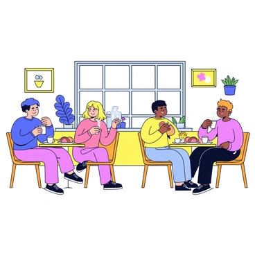 A cozy cafe interior featuring warm wooden furniture and soft lighting. Several patrons are seated at small tables, engaging in conversation and enjoying their drinks. Each table has a small vase with a single flower. The patrons are sipping coffee and indulging in an assortment of pastries, including croissants and muffins. Near the back, there is a large window allowing natural light to flood in, highlighting the steam rising from their cups. The cafe walls are adorned with simple artwork and potted plants, enhancing the inviting atmosphere.