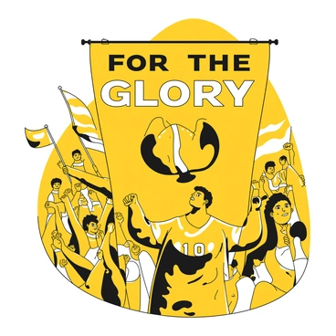 A massive banner displays a legendary player with a muscular build, wearing a yellow jersey marked with the number 10. The player's expression is intense and focused, capturing the passion of the game. Surrounding the player are dynamic illustrations of fans, waving flags and holding up their fists in support. The background features stylized imagery of a stadium filled with cheering supporters, their faces filled with admiration. The banner includes the phrase "For the Glory" prominently displayed in bold letters above the player.