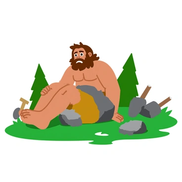 A muscular caveman with long hair and a rugged appearance is using a large boulder as a weight for his leg extension exercises. He is sitting on a grassy area, with a determined expression on his face. The boulder, rough and irregularly shaped, is positioned between his legs as he performs the exercise. Surrounding him are primitive tools made of stone and wood, and a few trees in the background. The sunlight casts shadows across the ground, highlighting the intensity of his workout.