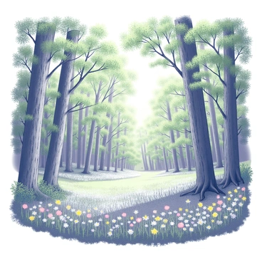 A dense forest landscape during springtime. The scene includes tall trees with lush, fresh green foliage. Various wildflowers are blooming across the forest floor, scattered in clusters. Sunlight filters through the leaves, creating patterns of light and shadow on the ground. The trees have thick trunks and some have textured bark, contributing to the rich detail of the forest environment.