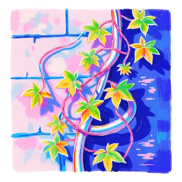 A vine with vibrant green leaves and winding tendrils is climbing up a textured stone wall. Interspersed among the leaves are segments of shiny metallic tubing, reflecting light. The metal has a cool tone, contrasting with the natural green of the vine. The segments of tubing appear to intertwine with the vine, creating an intricate composition that blends nature and industrial elements. The wall has a rough surface, adding depth to the scene.