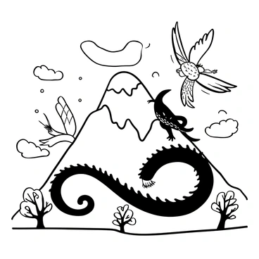A mountain towering in the background with intricate details of its rocky surface. A dragon, characterized by its elongated body and flowing mane, coils around the peak, its scales depicted with elaborate patterns. Nearby, a phoenix with large, sweeping wings is captured in mid-flight, feathers elegantly trailing behind. Both creatures are surrounded by swirling clouds and mist, enhancing their mythical presence. In the foreground, small, delicate cherry blossom trees are depicted, their branches arching gracefully as petals scatter in the breeze.