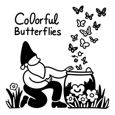 A garden gnome with a pointy hat and a round body is kneeling on the ground, opening a jar. The jar is tilted as a multitude of butterflies are emerging and being released into the air. The butterflies have intricately detailed wings, showcasing various patterns and shapes. Surrounding the gnome are vibrant flowers and lush green plants, adding to the garden's lively atmosphere. The overall scene conveys a sense of motion as the butterflies flutter upwards. "Colorful Butterflies" is written above the gnome in a whimsical font.