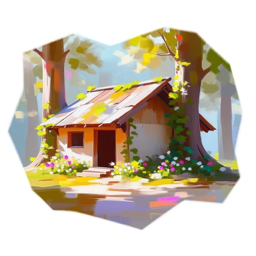 A small, rustic hut made of wood and leaves, blending into the forest surroundings