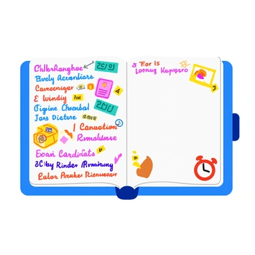 A cluttered planner filled with various social events written in colorful ink. There are scribbled notes, drawings, and stickers decorating the pages. Each event is dated and time-stamped, showcasing a busy lifestyle. In stark contrast, one empty space is prominently displayed, surrounded by vibrant doodles that emphasize the feeling of anxiety. This empty section stands out, symbolizing the fear of missing out, with a small clock icon beside it to represent time passing.