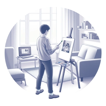 A person painting on a canvas in their living room while attending an online art class.
