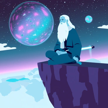 An elderly Jedi Master with long white hair and a flowing robe is seated in a meditative pose on a rugged, rocky cliff. His serene expression reflects deep concentration as he closes his eyes. The cliff juts out dramatically over a vast expanse of space, revealing a colorful galaxy filled with swirling stars and vibrant nebulae. Wispy clouds drift beneath the cliff, and distant celestial bodies twinkle in the background. The Jedi's lightsaber, hilt resting beside him, gleams softly in the ethereal light of the surrounding cosmos.