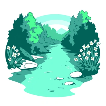 A teal river flows gently through a lush white forest. The water reflects the surrounding trees, with sunlight filtering through the leaves, creating dappled patterns on the river's surface. On the riverbanks, patches of white flowers bloom abundantly, enhancing the tranquil scene. A few smooth stones are partially submerged in the water, and small ripples can be seen as the river flows steadily.