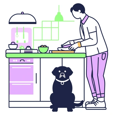 A black dog is sitting expectantly on the tiled kitchen floor. The dog has bright eyes and its ears are perked up, showcasing its alertness. In front of the dog, an owner is standing by the counter, chopping vegetables on a wooden cutting board. The owner is wearing a casual shirt and jeans. In the background, there are kitchen cabinets and a stove, with pots and pans arranged neatly. A bowl of dog food sits nearby, adding to the scene. The light is warm, illuminating the kitchen.
