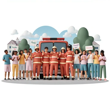 A group of firefighters, wearing bright red uniforms and helmets, stands together in front of a fire truck. They are smiling and waving to the crowd. Surrounding them, a diverse group of neighbors, including children and adults, are clapping and cheering. Some neighbors are holding handmade signs that read "Thank You!" and "Heroes!" A sunny day sets the scene, with trees and houses in the background. The atmosphere is lively and filled with gratitude as the community celebrates their local heroes.