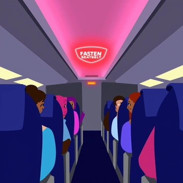 A bright "Fasten Seatbelt" sign glowing red in an airplane cabin. The sign is prominently displayed above the aisle, surrounded by overhead compartments. The airplane seatbelt sign is illuminated against a slightly shaking interior, with seats visible on either side, some with passengers looking concerned. The cabin lights are dimmed, enhancing the focus on the sign. The turbulence is subtly suggested by the movement of unsecured items shifting on the tray tables.