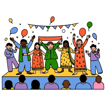 A group of children with varying skin tones, wearing colorful traditional attire, are performing a dance on a stage at a school Republic Day event. The boys are dressed in vibrant kurta pajamas in shades of blue and green, while the girls are wearing bright lehengas with intricate patterns and matching dupattas. Each child is showcasing energetic dance moves, with their arms raised and big smiles on their faces. The background features colorful decorations, including balloons and banners, celebrating the event. The audience, made up of parents and teachers, is clapping and cheering in appreciation.