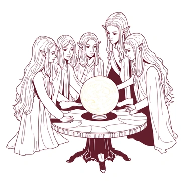 A group of tall, elegant elves with long flowing hair is gathered closely around a large, glowing crystal ball placed on an intricately carved wooden table. Each elf has pointed ears and wears elaborate robes adorned with intricate patterns. Their expressions are focused and curious as they observe the swirling visions inside the crystal ball. Some of the elves have their hands gently resting on the table, while others lean in closer to get a better view of the unfolding images. The background features soft, natural lighting that enhances the ethereal atmosphere surrounding the scene.