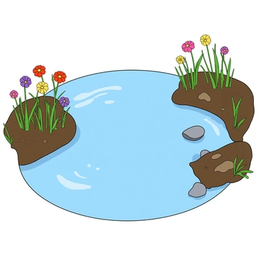 A clear, bubbling spring with crystal clear water, creating small ripples as it flows. The spring is surrounded by muddy banks with patches of dark brown soil. Brightly colored wildflowers in various shades of red, yellow, and purple are scattered around the edges of the spring, swaying gently in a light breeze. Green grass peeks through the soil, adding a vibrant touch to the scene. Small stones can be seen partially submerged in the water, enhancing the natural look of the spring.