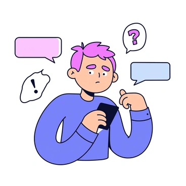 A character with an anxious expression is holding a smartphone in their hands. The character has wide eyes and slightly furrowed eyebrows, conveying a sense of worry. Floating around the character are various symbols of communication, such as speech bubbles with question marks and exclamation points. These symbols are depicted in a contrasting color to emphasize the feeling of anxiety associated with communication. The overall composition focuses on the character's expression and the surrounding symbols reflecting their emotional state.