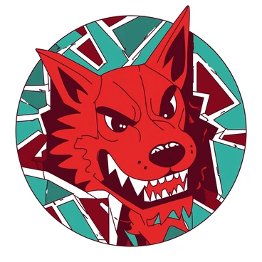 A red foo dog is prominently featured in the center of a vibrant mosaic art piece. The foo dog has a fierce expression, with its mouth open showing sharp teeth. It is surrounded by an array of geometric shapes in contrasting teal tiles, creating a dynamic background. Various shades of red and teal tiles are arranged meticulously, enhancing the overall detail and texture of the artwork. The tiles vary in size and reflect light, adding depth to the composition of the piece.