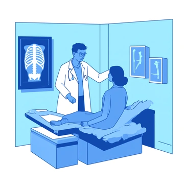 A blue doctor wearing a white coat is standing beside a patient seated on an examination table in a clinic. The doctor is pointing towards a large white X-ray image displayed on a lightbox mounted on the wall. The X-ray shows a skeletal structure, clearly highlighting the bones. The patient, looking attentive and slightly anxious, is listening closely, with their hands resting on their lap. The clinic has light blue walls and medical posters framed on the side, creating a clinical environment.