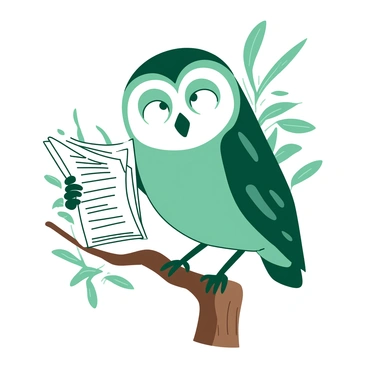 A teal owl with large, round eyes is perched on a sturdy brown branch. The owl is holding a folded white newspaper in its talons, with one wing slightly outstretched as if carefully turning the pages. The background features soft, blurred green leaves, creating a natural setting. The owl looks engaged, tilting its head to the side while focusing on the newsprint.
