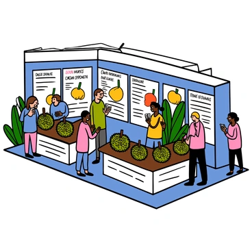 A modern exhibition booth featuring a sleek design with smooth lines and bright lighting. The booth displays various durian varieties, each prominently labeled with clear descriptions. There are multiple sections showcasing different types of durians, arranged neatly on wooden tables. Informational displays with vibrant graphics detail the characteristics and flavors of each variety. In the background, there are decorative plants that enhance the tropical theme. Attendees are gathered around, engaging with the displays and taking notes.